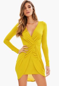 yellow-slinky-plunge-long-sleeve-gathered-front-dress.jpg