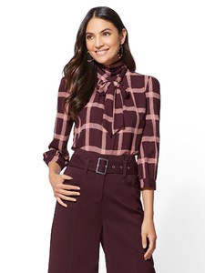 Cerelina Proesl New York & Company 7th Avenue - Maroon Plaid Bow Blouse 00387919_969.jpg