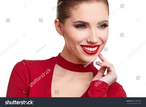 stock-photo-portrait-of-a-cheerful-young-brunette-woman-in-red-dress-posing-and-looking-away-over-white-617969960.jpg
