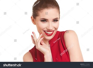 stock-photo-portrait-of-a-cheerful-young-brunette-woman-in-red-dress-posing-and-looking-away-over-white-617969984.jpg