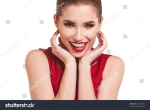 stock-photo-portrait-of-a-cheerful-young-brunette-woman-in-red-dress-posing-and-looking-away-over-white-617969999.jpg