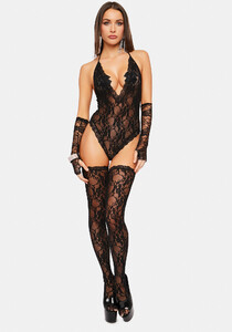 Plunge Halter Teddy And Stockings Lingerie Set Black_01.jpg