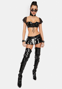 Vinyl Lace Up Crop Top With Lace Sleeves - Black_02.jpg