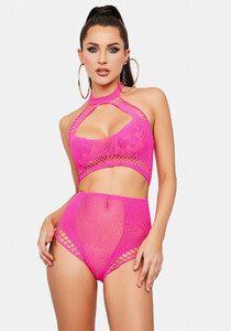 Keyhole Cutout Halter Bra Top And Fishnet Panty - Pink_04.jpg