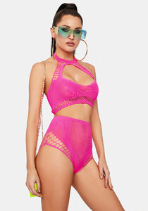 Keyhole Cutout Halter Bra Top And Fishnet Panty - Pink_02.jpg