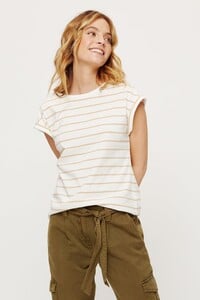 111 Petite Camel Stripe Roll Sleeve Tee image number 2.jpg