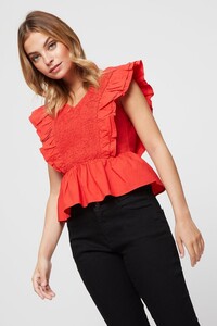 157 Petite Red Poplin Ruffle Top image number 0.jpg