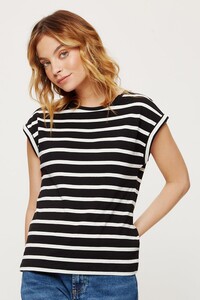 808 Petite Navy Stripe Roll Sleeve Tee image number 0.jpg