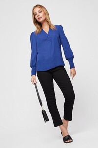 119 Petite Cobalt Shirred Cuff Blouse image number 2.jpg