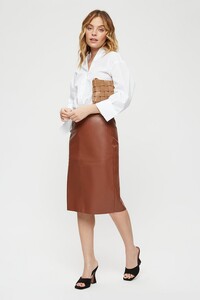 109 Petite Tan PU Midi Skirt image number 0.jpg