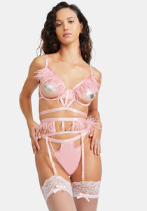 Strappy Cutout Feather Trim Bustier Thong And Garter Belt - Pink_02.jpg