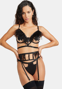 Strappy Cutout Feather Trim Bustier Thong And Garter Belt - Black_02.jpg