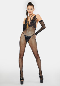Halter Neck Lace Bra Top Crotchless Fishnet Bodystocking - Black_01.jpg
