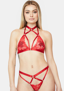 Strappy Lace Halter Neck Bra And Thong Panties Lingerie Set - Red_01.jpg