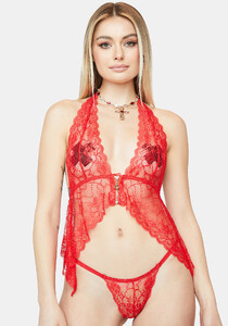 Sheer Lace Halter Neck Babydoll And Thong Set - Red_03.jpg