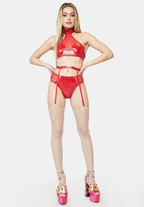 Forplay Patent Vegan Leather Halter Top Cheeky Panties And Garter Belt Set - Red_04.jpg