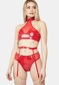 Forplay Patent Vegan Leather Halter Top Cheeky Panties And Garter Belt Set - Red_01.jpg