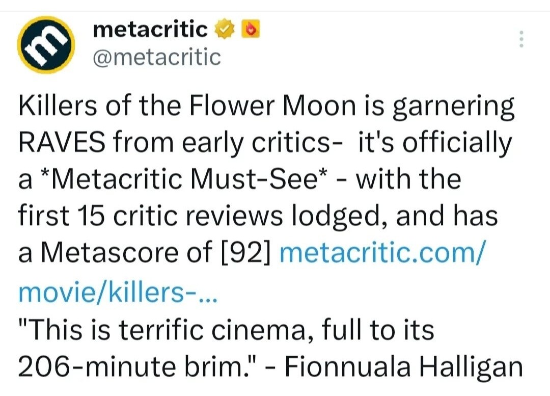metacritic on X: Killers of the Flower Moon is garnering RAVES