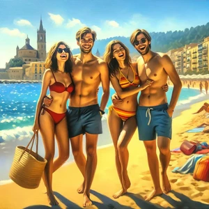 DALL·E-2024-01-15-12.34.27-An-oil-painting-style-illustration-of-Mia-Gabri-Laura-and-Jordi-at-the-beach-in-Malgrat.-The-scene-depicts-the-two-couples-in-a-relaxed-and-joyful--768x768.webp