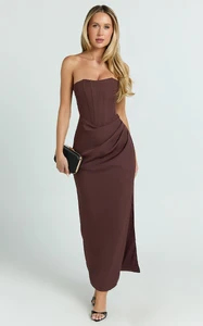 EVenz - Showpo - Avery_Midi_Dress_-_Strapless_Draped_Side_Split_Dress_in_Chocolate_0001.webp
