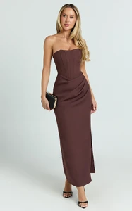 EVenz - Showpo - Avery_Midi_Dress_-_Strapless_Draped_Side_Split_Dress_in_Chocolate_0002.webp