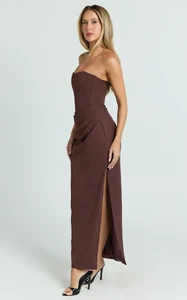 EVenz - Showpo - Avery_Midi_Dress_-_Strapless_Draped_Side_Split_Dress_in_Chocolate_0007.webp